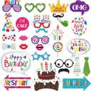 29 Pieces Birthday Photo Booth Props Kit Colorful Funny Kids Birthday Theme Table Centerpiece Craft Cutouts with Glue Point Dots and Wooden Dowel Sticks for Party Celebration Decorations