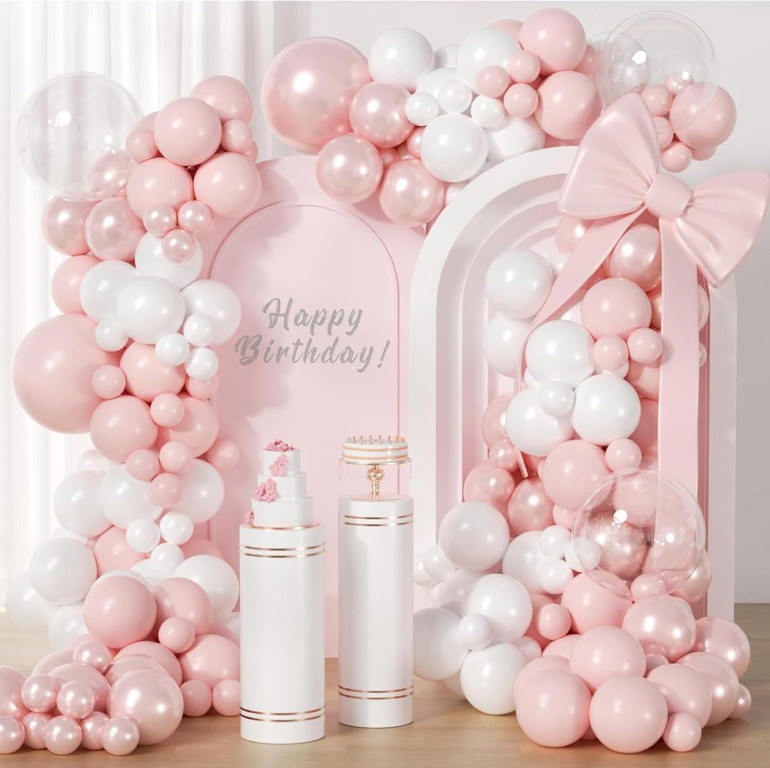 Pink Balloon Arch Kit 128Pcs Pearl-Pink Double Stuffed Balloons BOBO Balloon for Birthday Bear Theme Wedding Bride Anniversary Baby Shower Party Decorations