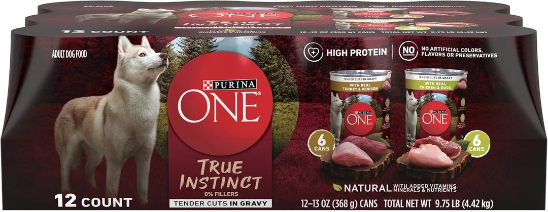 Purina ONE True Instinct Tender Cuts in Gravy With Real Turkey and Venison, and With Real Chicken and Duck High Protein Wet Dog Food Variety Pack - (Pack of 12) 13 oz. Cans, Best By 04/2028