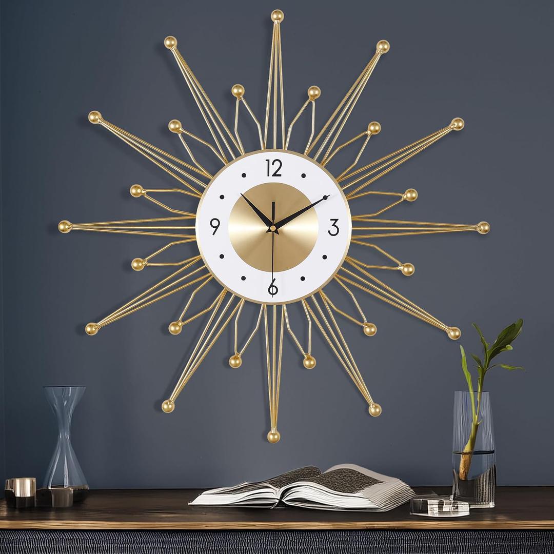 Lafocuse Silent 23 Inch Metal Large Gold Wall Clock for Home Decor, Mid Century Wall Clocks Battery Operated, Art Deco Starburst Wall Clocks for Living Room Kitchen Office, Diameter: 23"