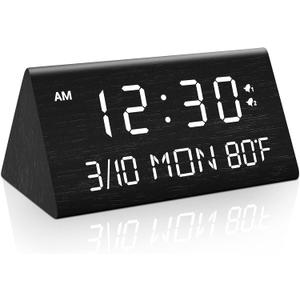 Kogonee Wooden Digital Alarm Clock, 0-100% Dimmer, 2 Alarm Settings, Weekday/Everyday Mode, 9 Mins Snooze, 12/24H, Temperature and Date Display for Office, Travel, Bedroom Alarm Clock (Black)