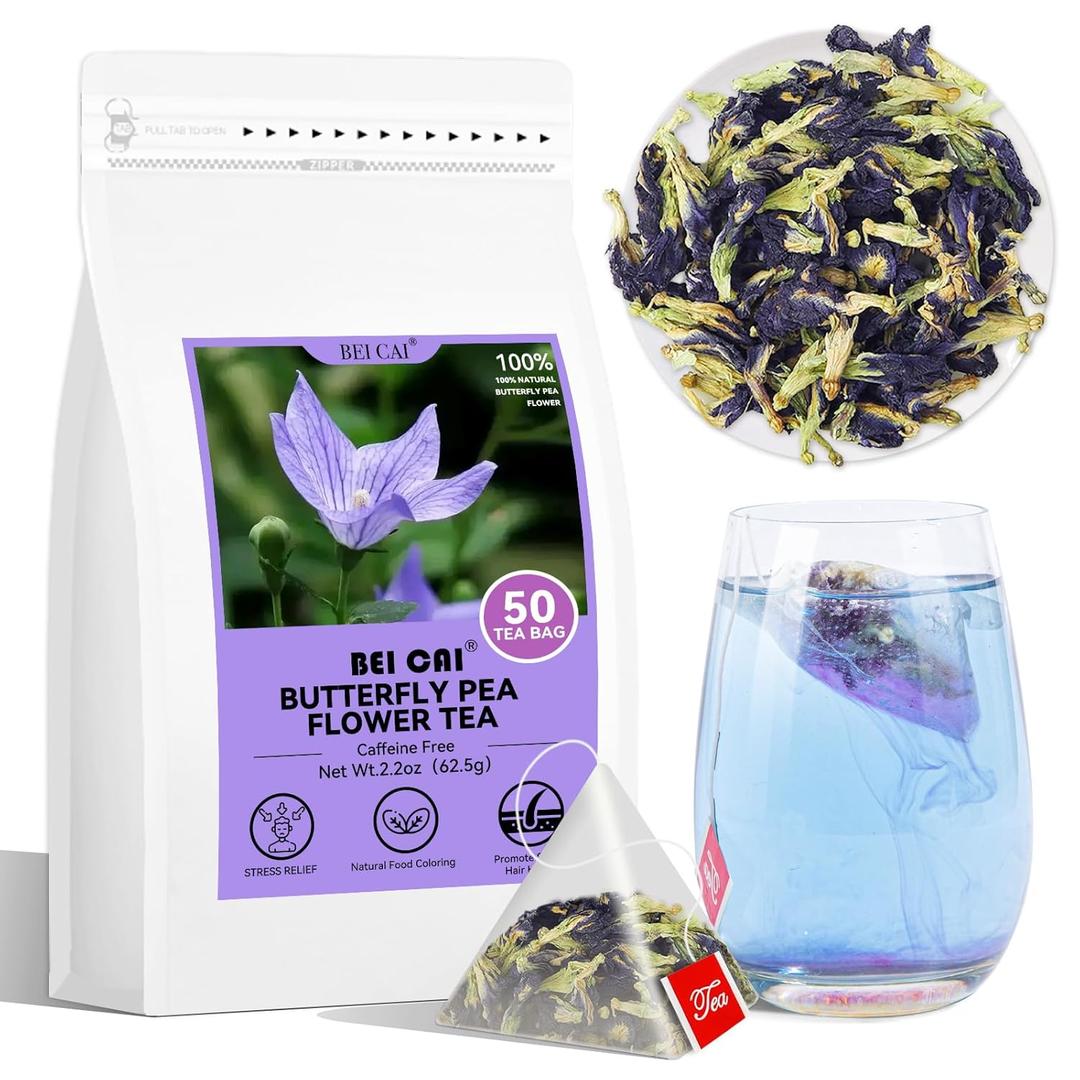 2 x BEI CAI Butterfly Pea Flower Tea - 1.25g x 50 Count - 100% Pure Made With Materials-Corn Fiber Tea Bag,Caffeine-Free, NON-GMO (Butterfly Pea Flower Tea)