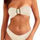ZAFUL Women's Bandeau Bikini Sets Buckle Strapless Lace Up High Cut 2 Piece Swimsuit Solid Bathing Suit (2Beige,M)