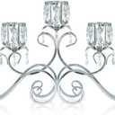 Silver 5 Arms 26.8 Inches Wide Crystal Pendant Bowl Tea Light Candle Holder, Large Bling Centerpiece Table Decorations, Metal Votive Candle Holders for Dining Table (Silver, Cup-Shaped)