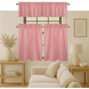 Native Fab Gingham Check 3 Pieces Window Curtain Tiers 26"x36" and Valance 54"x18" Set - Rod Pocket - Semi Sheer - Farmhouse Small Curtain for Kitchen, Bedroom, Living Room - Red and White