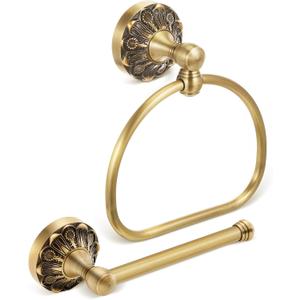 Otoolling 2 Pieces Set Antique Brass Toilet Paper Holder Retro Brass Hand Towel Ring Tissue Roll Paper Hanger Bathroom Hardware Wall Mounted Vintage Bathroom Accessories (Semi Circular)