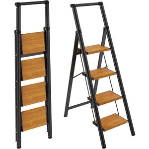 HBTower 4 Step Ladder, Lightweight Aluminum Folding Step Stool
Anti-Slip Wide Pedal, 330lbs Capacity Step Ladder for Household Kitchen Office, BlackWoodgrain