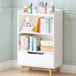 UTEX Kids Bookshelf, Children Bookcases with Storage and Drawer, Wood Kids Toy Storage Organizer for Playroom, Nursery School, White | with Storage, and Drawer, for Playroom, Nursery School, 12d X 24w X 37h in
