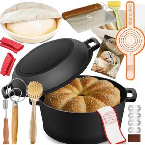 5QT Cast Iron Dutch Oven with Lid and with Double Handle for Bread Baking,Cast Iron Skillet Cooking Pan Heat Resistant,Non-Stick, Includes Bread Baking Supplies and Cleaning Brush.
