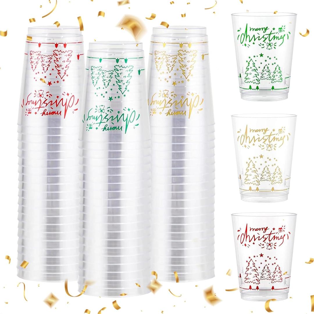 U-QE 10 oz Merry Christmas Party Cups (60 count) - Christmas Decorations Cups - Disposable Clear Plastic Cups for Party Decoration - Party Supply Drinkwear for Beer/Beverage/Snacks