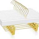 TOPIA HANGER White Wooden Pants Hangers with Gold Clip, 10 Pack Skirt Short Trousers Jeans Slacks Hangers with 360 Swivel Hook and 2 Adjustable Clips with Rubber Padded for Closet, CT50WG