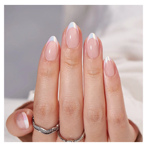BTArtbox Short Almond Press On Nails - Aurora French Tip, Spring Glue On for Gifts, Natural Stick On in 16 Sizes - 30 Fake Nails Kit, Athena