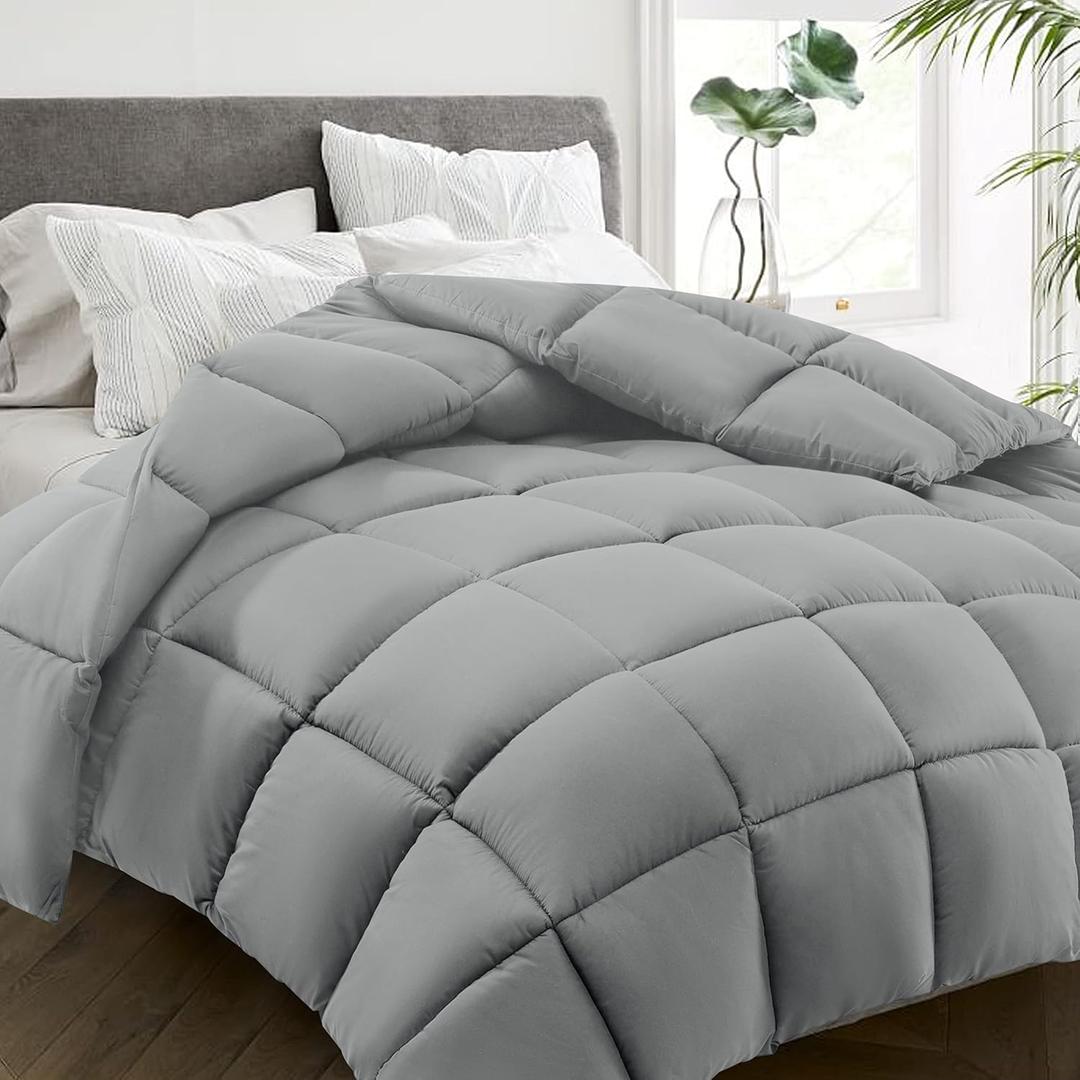 HYLEORY All Season Twin Size Bed Comforter - Cooling Down Alternative Quilted Duvet Insert with Corner Tabs - Winter Warm - Machine Washable - Light Grey