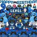 9th Birthday Decorations for Boys,197pcs Gamer Birthday Party Decorations Level 9 Birth day Decorations Plates and Napkins Cups Tablecloth Banner Honeycomb for Video Game Party Decorations