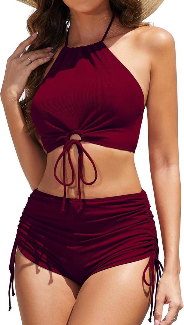Women High Waisted Shorts Bikini Sets Tummy Control Swimsuit Two Piece Halter Drawstring Bathing Suit (Medium, Wine)
