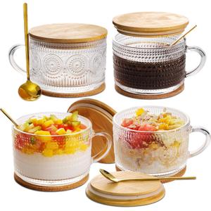 Vintage Coffee Mugs Glassware Set of 4-14oz Leak Proof Overnight Oats Containers with Lids and Spoons, Hobnail Glass Cups with Bamboo Lids, Ideal Coffee Bar Accessories Perfect for Drinks, Tea