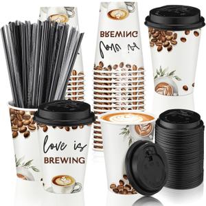 Jingmore 50 Pcs Wedding Coffee Cup Love Is Brewing Bridal Shower Decoration Disposable Wedding Paper Drinking Tumbler Bulk with Lid Straw Custom Reception Cup Engagement Mothers Day Party (Elegant)