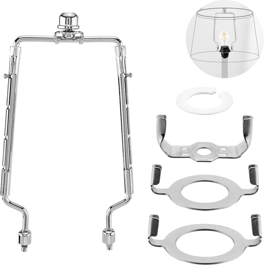 Mornajina 7 8 9 10 inch Lamp Shade Harp Holder, Adjustable Lamp Harps and Finals, Fit both Standard Lamp Rod and E26 E27 Light Base UNO Fitter Adapter Converter Finial Set (Silver)