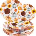 WDF 24Pcs Thanksgiving Plastic Plates - Heavy Duty Fall Plastic Plates - Gold Pumpkin and Sunflower Pattern for Thanksgiving Dinner & Parties (10inch 7inch)