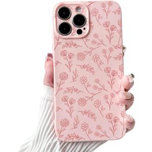 NITITOP Compatible with iPhone 15 Pro Case Cute for Women Girl Vintage Flower Floral Leaves Pattern Trendy Slim Fit TPU Silicone Shockproof Girly Fashion Protective Phone - Pink