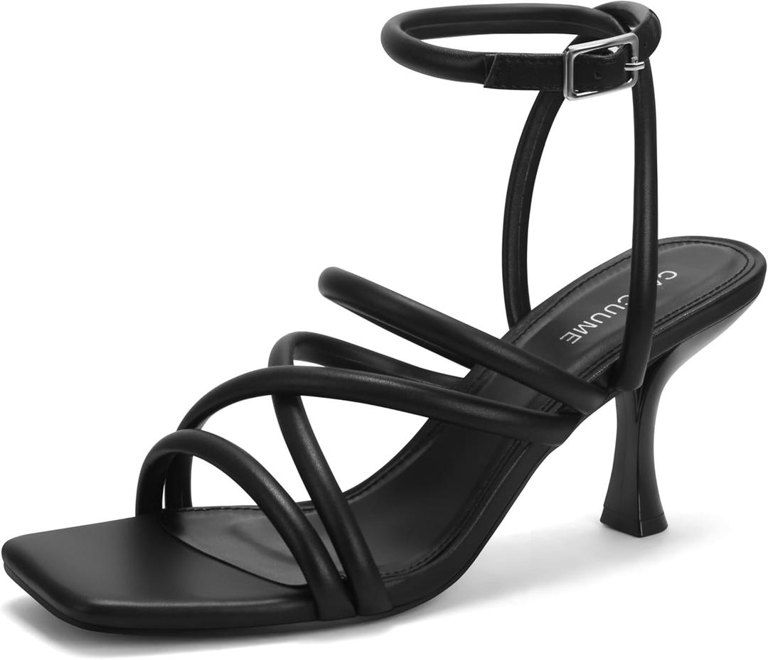 Carcuume Women's Square Toe Strappy Lace Up Heeled Sandals Ankle Buckle Kitten Heel (8.5, Black Pu)