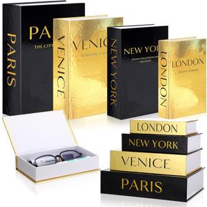 Sabary Set of 4 Decorative Books Boxes Faux Books Stacked for Coffee Tables Modern Home Bookshelves DIY Crafts Decor(Modern Style,Black and Gold)