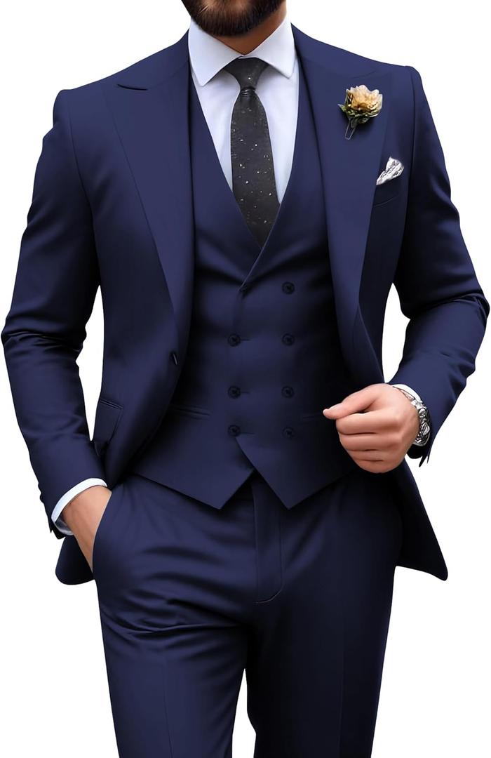 Mens Suit Slim Fit 3 Piece Double Breasted Suit Men Formal Tuxedo Set Casual Wedding Prom Groom Suits (Navy Blue, XL)