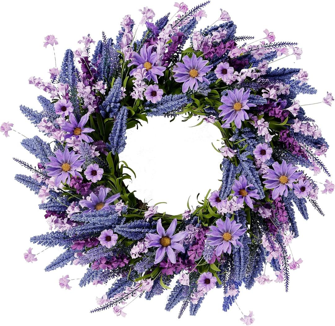 Sggvecsy Lavender Wreath for Front Door 22 Inch - Purple Daisy Spring Summer Artificial Wild Flower Greenery Leaves for All Seasons - Farmhouse Home Wall Indoor Outdoor Window Decor