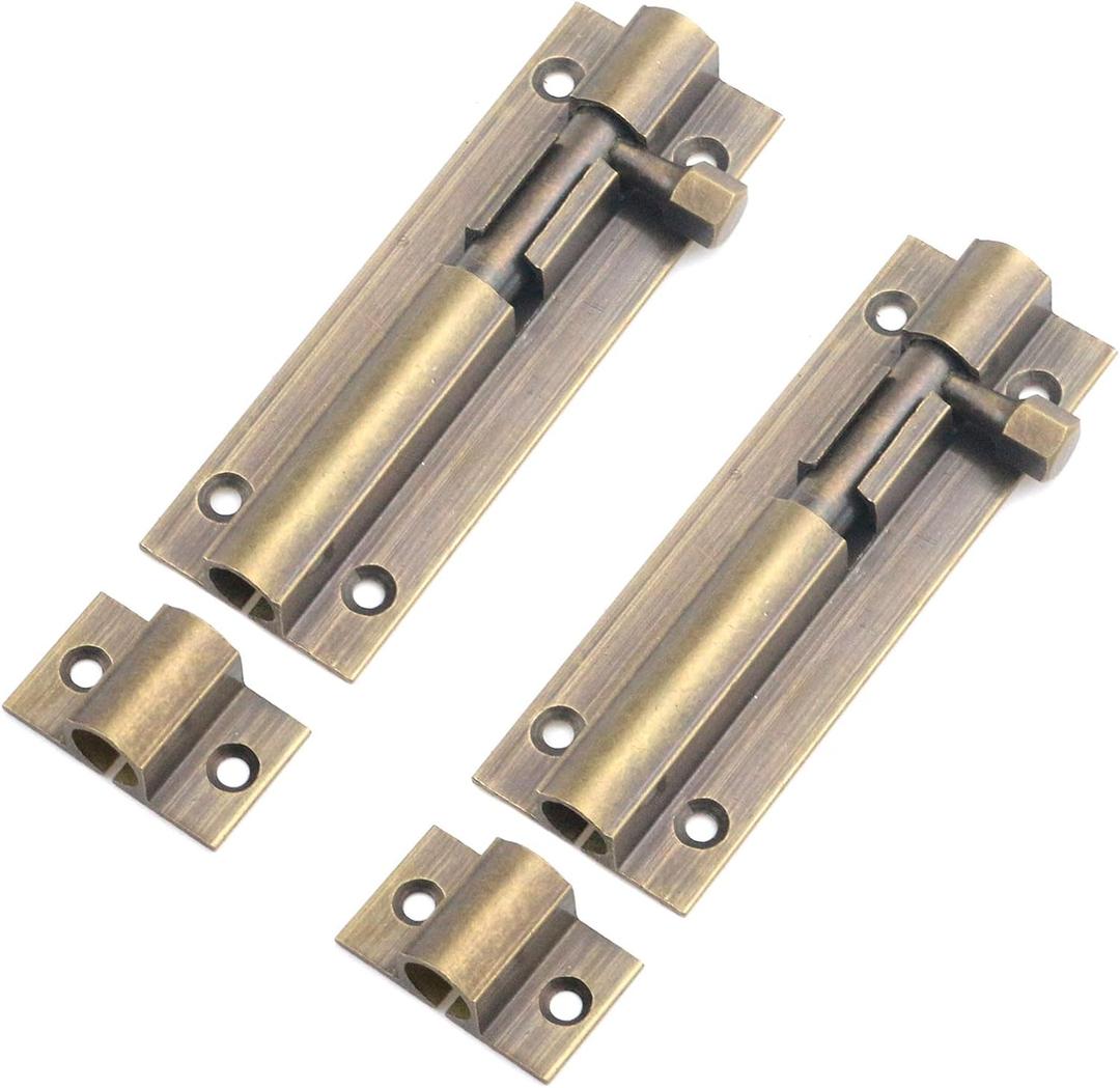 MY MIRONEY Heavy Duty 3 Inch Gate Latch (2 Pack) - Brass Sliding Barrel Bolt Lock for Wooden Fence and Barn Door & Cabinets with Anti-Rust Coating & Security Screws, Antique Bronze