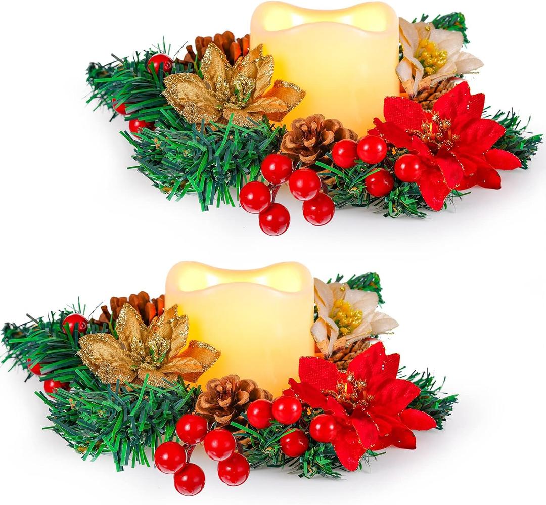 2 Set Christmas Centerpiece Table Decorations Flameless Tea Lights Candles with Red Poinsettia Candle Holders Pinecones Berry Candleholders for Christmas Tabletop Decor(Multi Color)