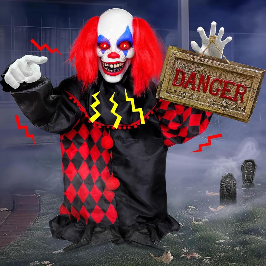 [ Talking & Sound Activated ] 40 Inch Halloween Decorations Outdoor Animatronic Standing Scary Clown, Light Up Red Eyes & Shake Body, Creepy Sound Props for Halloween Haunted House Porch Yard Decor