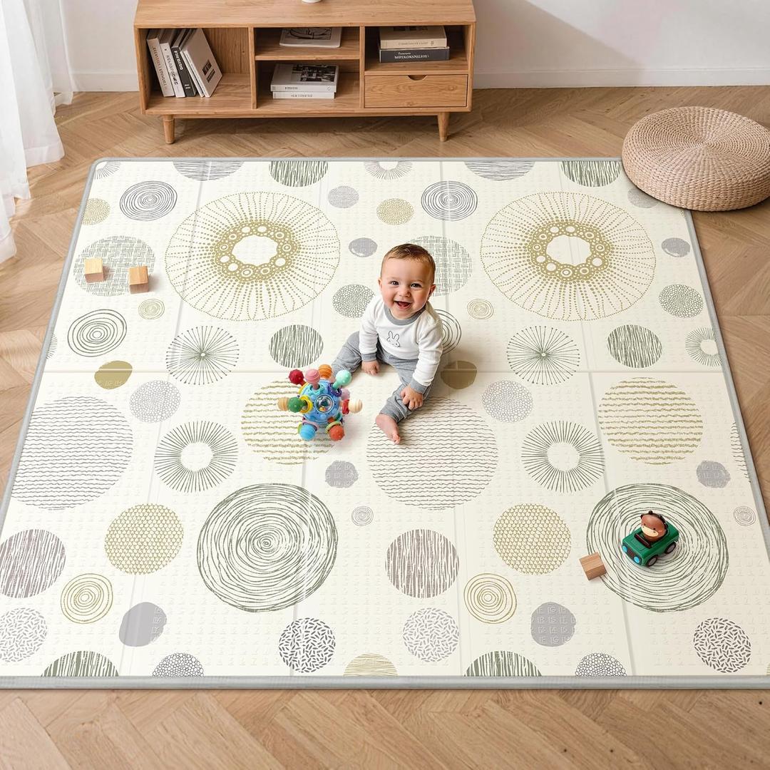 Extra Large Baby Play Mat - Reversible Baby Floor Mat 79x71, Foldable Baby Foam Playmat for Floor, Non-Slip & Thick Baby Play Mat for Floor, Crawling Mat Perfect for Babies, Infants and Toddlers (Beige-toned Circular-coil)