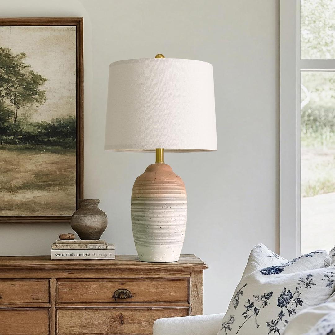 24.5" Vintage Ceramic Table Lamp - Single Farmhouse Rustic Bedside Lamp with Natural Textured Finish, Nightstand Lamps for Living Room, Bedroom, End Table, Office White and Brown