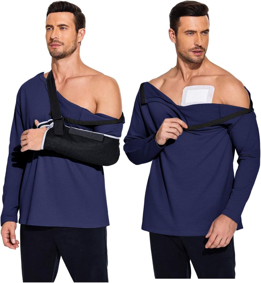 Deyeek Post Shoulder Surgery Recovery Shirts for Men Chemo Port Access Top Snap Full Tear Away Long Sleeve (Small, Navy)