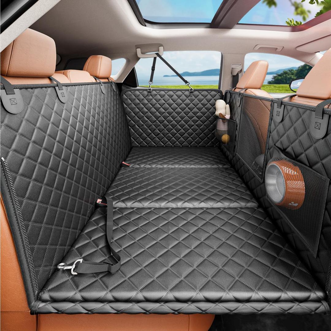 REEVAA 2.0 Hard Bottom Back Seat Extender for Heavy-Duty Dogs, Dog Car Seat Cover with Cushion Sponge, Waterproof Dog Hammock with Mesh Window for Car, Universal Fits for Crew Cab Truck/SUV, XL, Black