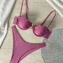 Swim Basics Solid Color Spaghetti Strap Underwire Top And Triangle Bottoms Ladies Summer Swimwear Set Pink Winter L