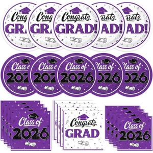 Graduation Decorations 2026, 200 Pcs Class of 2026 Graduation Party Supplies Kit with Paper Plates, Luncheon and Cocktail Napkins, Congrats Grad Decorations for 50 Guests (Purple)