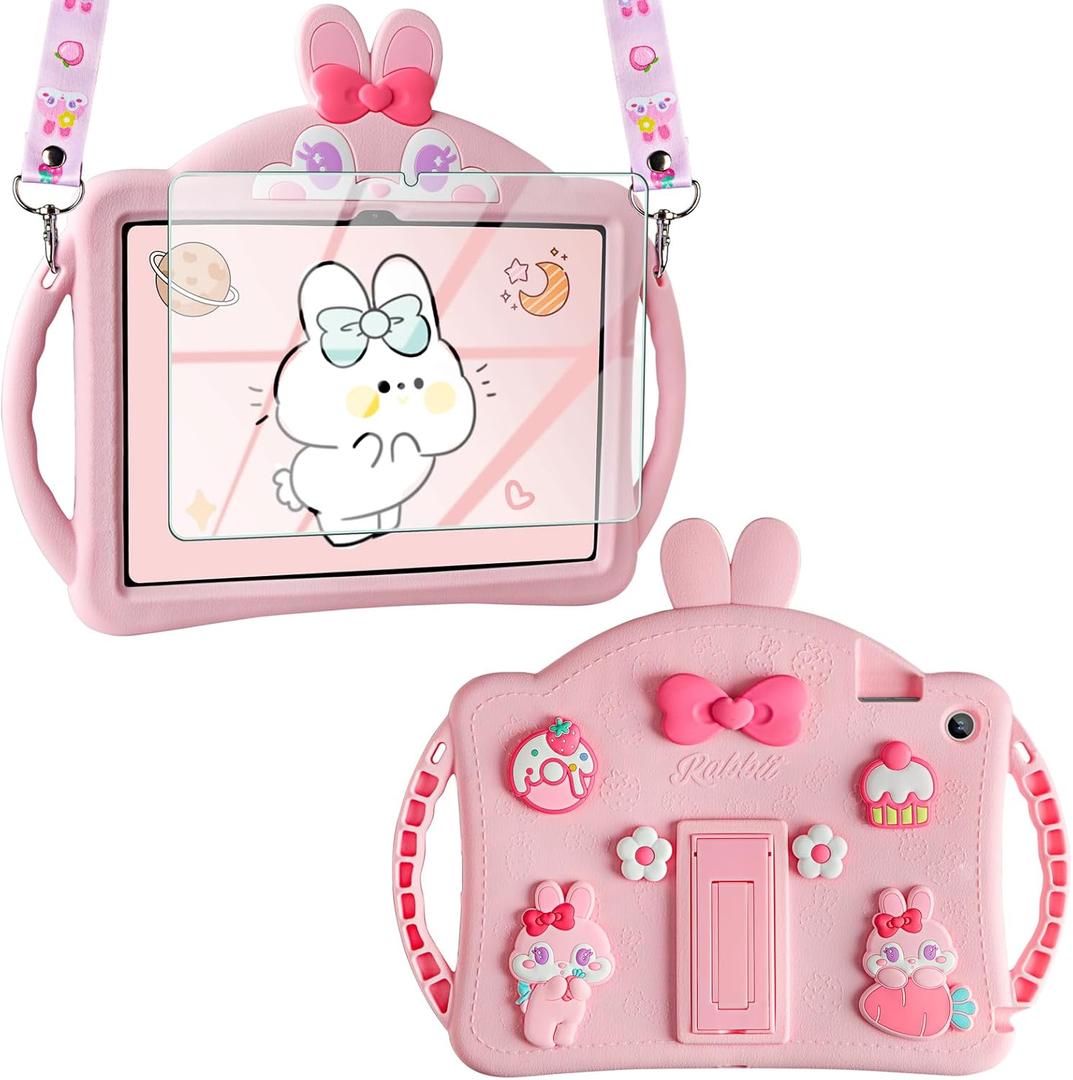VOFUOE for Samsung Galaxy Tab A9 Plus Case for Kids Girls with Screen Protector Shoulder Straps Handle Rabbit Soft Silicone Tablet Cover for Galaxy Tab A9 Plus 11'' 2023-Pink