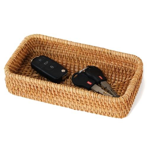 Small Rattan Serving Tray, Woven Rectangle Traykey Bowl for entryway, Natural Wicker Trays Key Bowl Decorative Baskets for Coffee Table, Kitchen, Bathroom