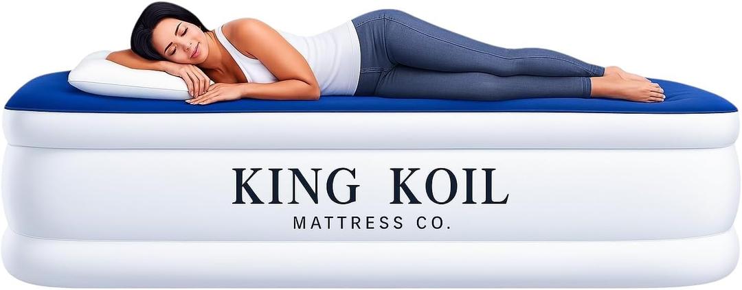 King Koil Full Size Premium Air Mattress with Built-in Pump for Home, Camping & Guests, Inflatable Airbed Double High Adjustable Blow Up Mattress, Durable - Portable and Waterproof (Blue)