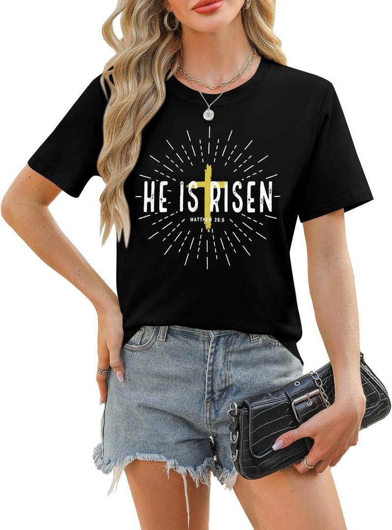 Easter Shirts for Women Christian Shirts He is Risen Tshirt Religious Cross Jesus Funny Faith Short Sleeve Tops (Small)