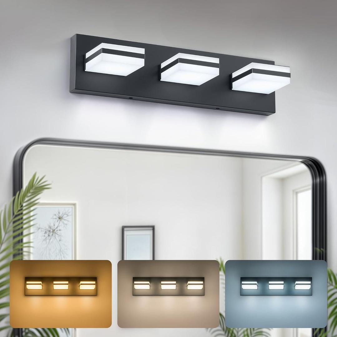 VONLUCE Bathroom Vanity Light Fixture, 3-Light Modern LED Vanity Lights, 3CCT Adjustable Bathroom Light with Memory Function Rotatable Shades, 18" Wall Lighting Fixture Over Mirror, Matte Black