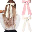 2PCS Silky Satin Hair Bows Hair Clip Beige Pink Hair Ribbon Ponytail Holder Accessories Slides Metal Clips Hair Bow for Women Girls Toddlers Teens Kids