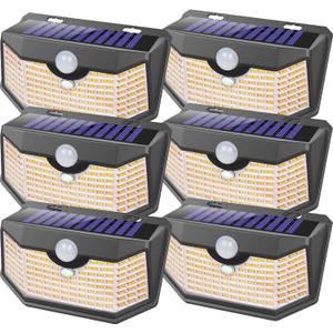 HMCITY 120 LED Outdoor Solar Lights- with Motion Sensor and 3 Lighting Modes, IP65 Waterproof Wide Solar Wall Lights Ideal for Garden Patio Yard (Front Button 6Packs, Black Shell-Warm White)