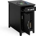 LINSY HOME Farmhouse End Table with Charging Station, Narrow Side Table for Living Room, Sofa Side Table with Drawer and Storage Cabinet, Small Nightstand for Home Office
