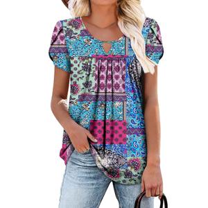 onlypuff 3X Womens Pleated Tops Plus Size Shirt Ladies Short Sleeve Boho Shirts Blouses Summer Crew Neck Tunic Tops BlueBlocks, 3XL