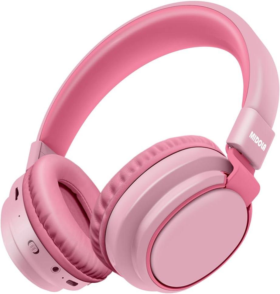MIDOLA Kids Headphones Bluetooth 5.3 Wireless 60H Play Time Volume Limited 85/110dB Over Ear Foldable Protection Headset/Wired Aux Built-in Mic for Boy Girl Travel School Pad Tablet Pink