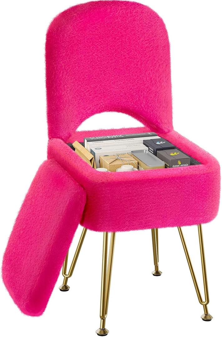 GREENSTELL Small Vanity Stool Chair with Storage and Folding Back, 13.4" x 15" x 30" Square Faux Fur Soft Ottoman, 4 Metal Legs with Anti-Slip Feet, Furry Padded Seat for Makeup, Bedroom, Rose