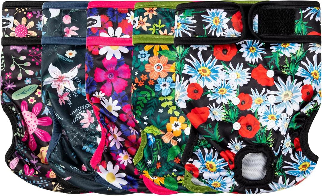 Reusable Washable Dog Diapers Female, Highly Absorbent Doggie Diapers, Size Adjustable Puppy Diapers for Dog Period Panties(Flowers 5-Pack) (Small)