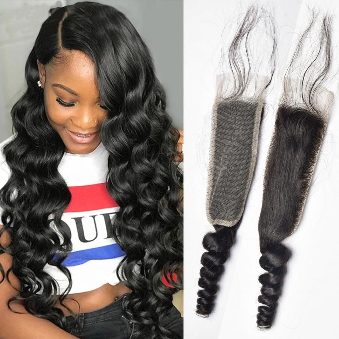Brazilian Loose Wave 2x6 Lace Closure 100% Unprocessed Human Virgin Hair Pre Plucked Loose Deep Wave Pre-Plucked Hairline Frontal Closure Natural Black With Baby Hair (10inch, 2x6 loose wave closure)